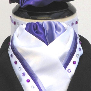 Ready Tie White, Purple & Lilac Faux Silk Riding/Hunting/Dressage Stock Tie + Diamantes + Scrunchie