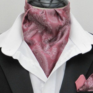 Mens Dusty Pink & Silver Paisley Shot Satin Ascot Cravat + Kerchief