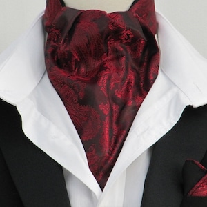 Mens Burgundy and Rich Red Paisley Satin Ascot Cravat and Pocket Square