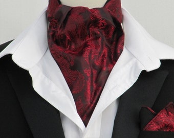 Mens Burgundy and Rich Red Paisley Satin Ascot Cravat and Pocket Square