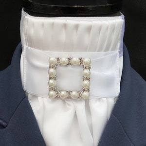 Ready Tied White Satin Bib with Square Pearl and Diamante Riding Stock Scrunchie Pocket Square