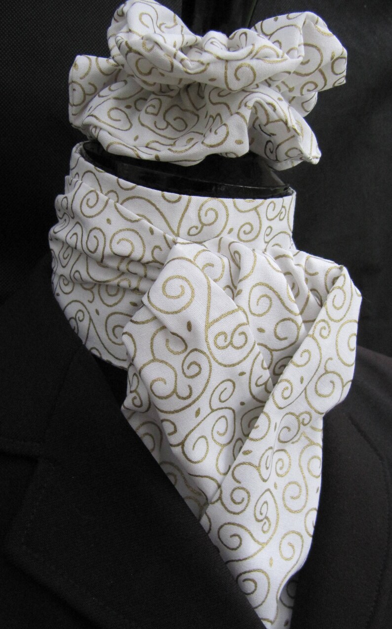 Show Tie Ready Tied Ivory White and Gold Swirl Cotton Dressage Riding Stock Show Tie Ready Tied Ivory White and Gold Swirl Cotton Dressage Riding Stock