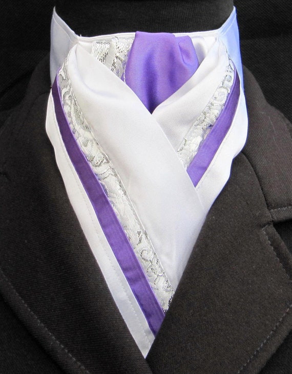 Ready Tied White Lilac Silver Paisley Faux Silk Riding Stock & Scrunchie Ready Tied White Lilac Silver Paisley Faux Silk Riding Stock & Scrunchie