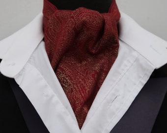 Mens Burgundy and Gold Paisley Cotton Ascot Cravat and Pocket Square