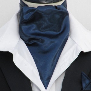 Mens Navy Blue Faux Silk Ascot Cravat + Kerchief