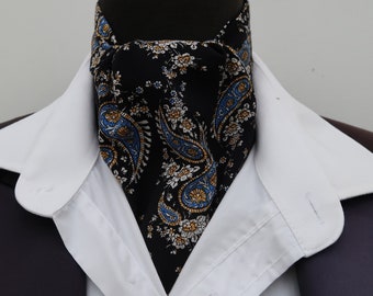 Mens Black White and Royal Blue Viscose Poplin Ascot Cravat / Pocket Square