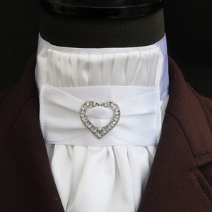 Ready Tied White Faux Silk Bib with Large Heart Diamante Detail Riding Stock Scrunchie Pocket Square