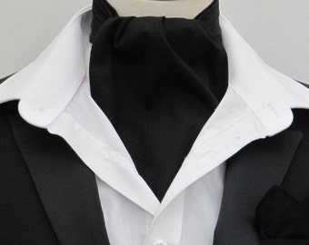 Mens Plain Black Cotton Ascot Cravat + Kerchief