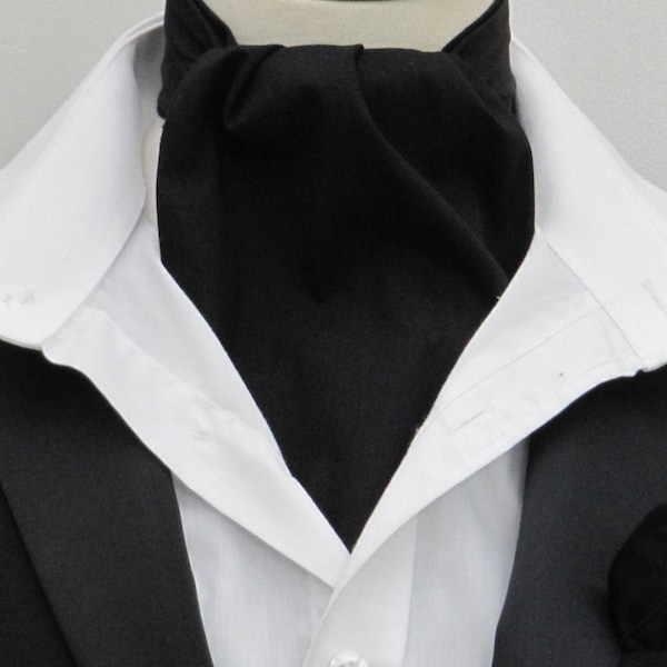 Mens Plain Black Cotton Ascot Cravat + Kerchief