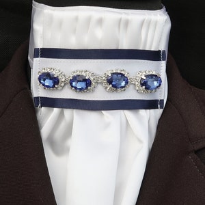 Ready Tied White Faux Silk Bib with Blue and Clear Diamante Detail Riding Stock /Scrunchie