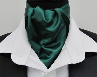 Mens Plain Racing Green Satin Dupion Ascot Cravat & Pocket Square