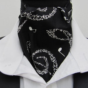 Mens Black and Ivory Musical Notes Cotton Ascot Cravat / Pocket Square