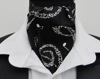 Mens Black and Ivory Musical Notes Cotton Ascot Cravat and Pocket Square