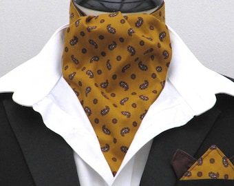 Mens Mustard and Brown traditional paisley cotton ascot cravat and handkerchief