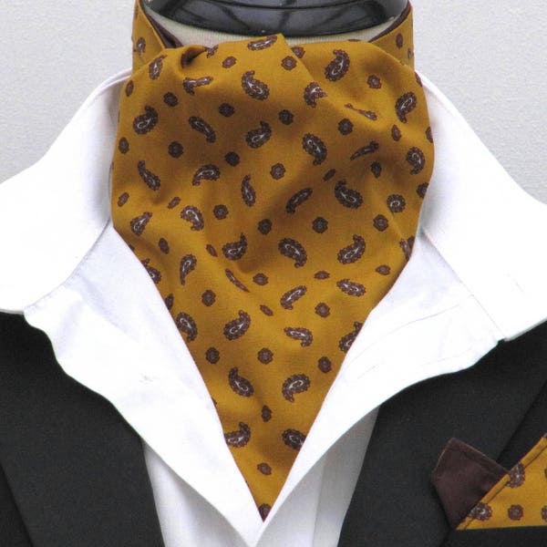 Heren Mosterd en Bruin traditionele paisley katoen ascot cravat en zakdoek