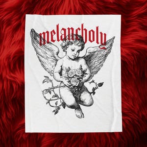 Melancholische cherubijnfluwelen pluche deken | Engelillustratie, gotische roos afbeelding 1