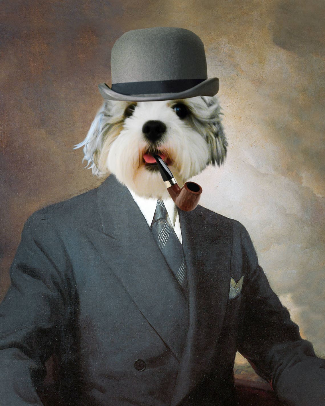 Dog portrait with suit bowler hat smoking pipe Personalized Etsy
