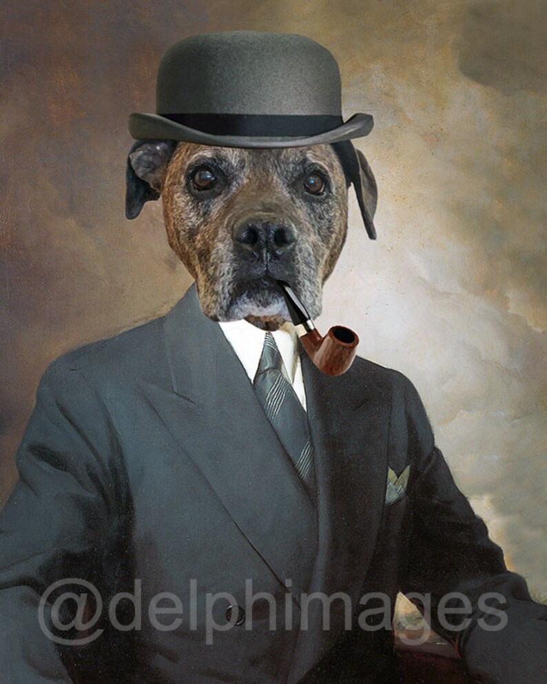 Dog portrait with suit bowler hat smoking pipe Personalized Etsy