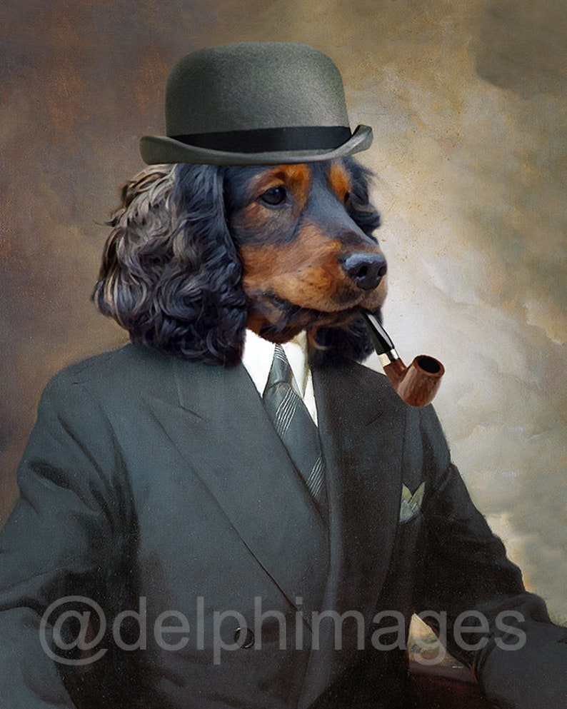 Dog portrait with suit bowler hat smoking pipe Personalized Etsy