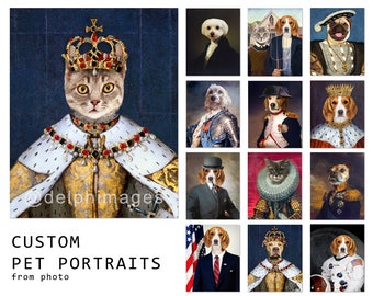 Custom Pet portrait, Personalized Dog portrait, Cat portrait from photo, Custom Gift Royal King Queen funny pets clothes DIGITAL FILE