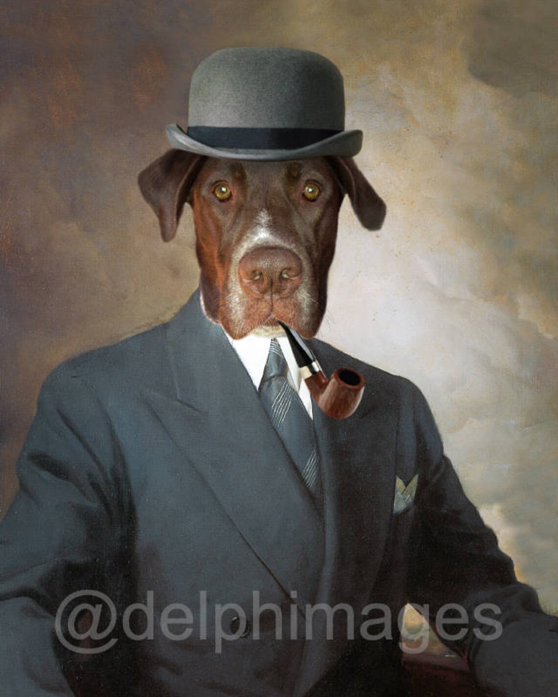 Dog portrait with suit bowler hat smoking pipe Personalized Etsy