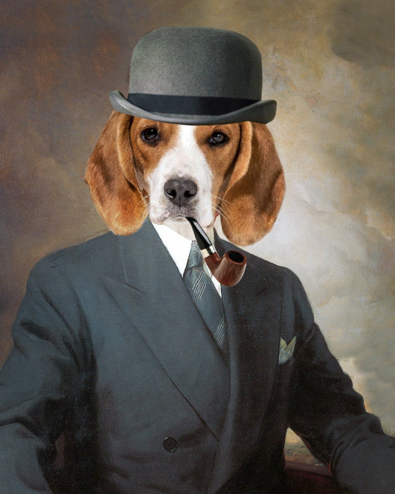 Dog portrait with suit bowler hat smoking pipe Personalized Etsy