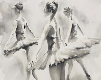Three Ballerinas ORIGINAL WATERCOLOUR PAINTING (14" x 20")
