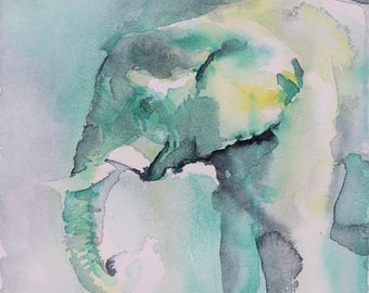 象のオリジナル水彩画 - 9x12 | 動物、アート - Etsy 日本