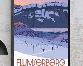 Travel Poster Flumserberg Switzerland Night Ski Skiing Winter Snow St Gallen Sarganserland Walensee
