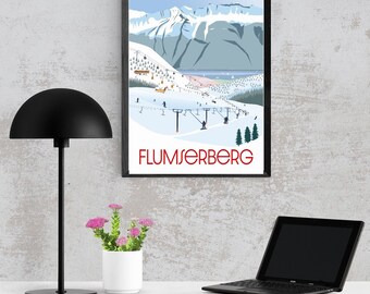 Travel Poster Flumserberg Switzerland Day Ski Skiing Winter Snow St Gallen Sarganserland Walensee