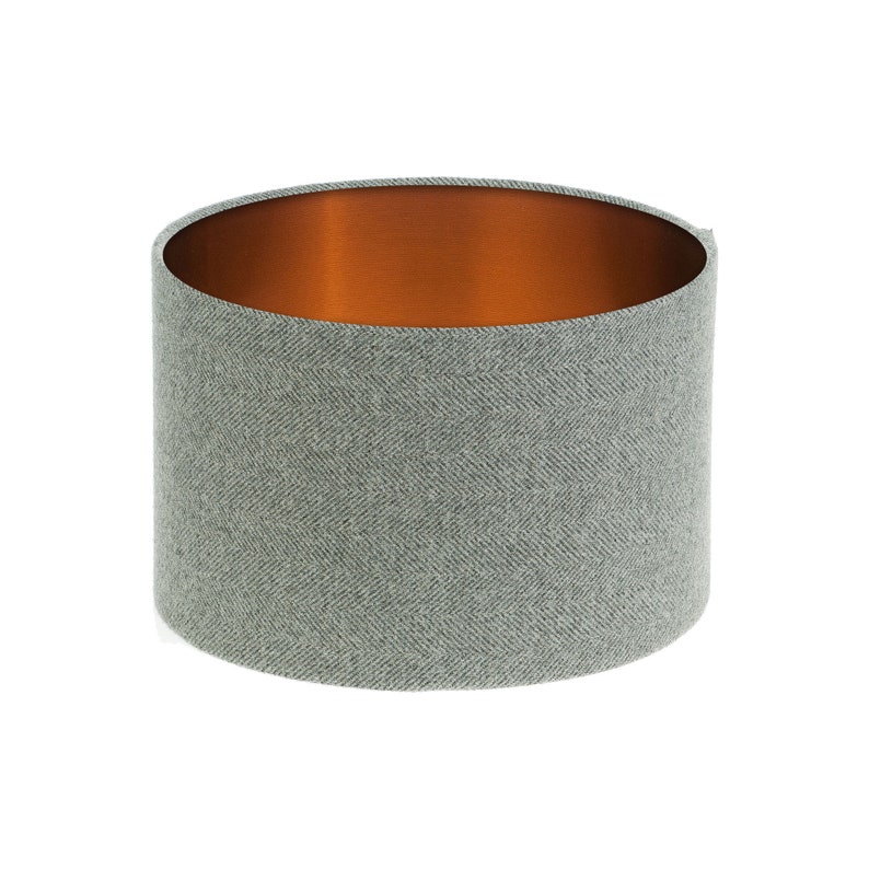 Light Grey Herringbone Drum Lamp Shade Brushed Copper Inner Lightshade