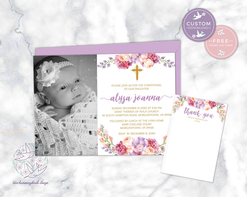 Purple Floral Baptism Invitation with Photo for Baby Dedication or Christening Printable Digital Download File