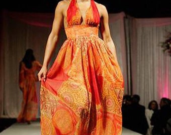 Robe longue dos nu tribale orange