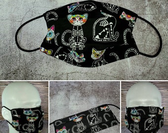 Celebración del Esqueleto del Día de Muertos Estampado de Gato / Base Negra, plisado.