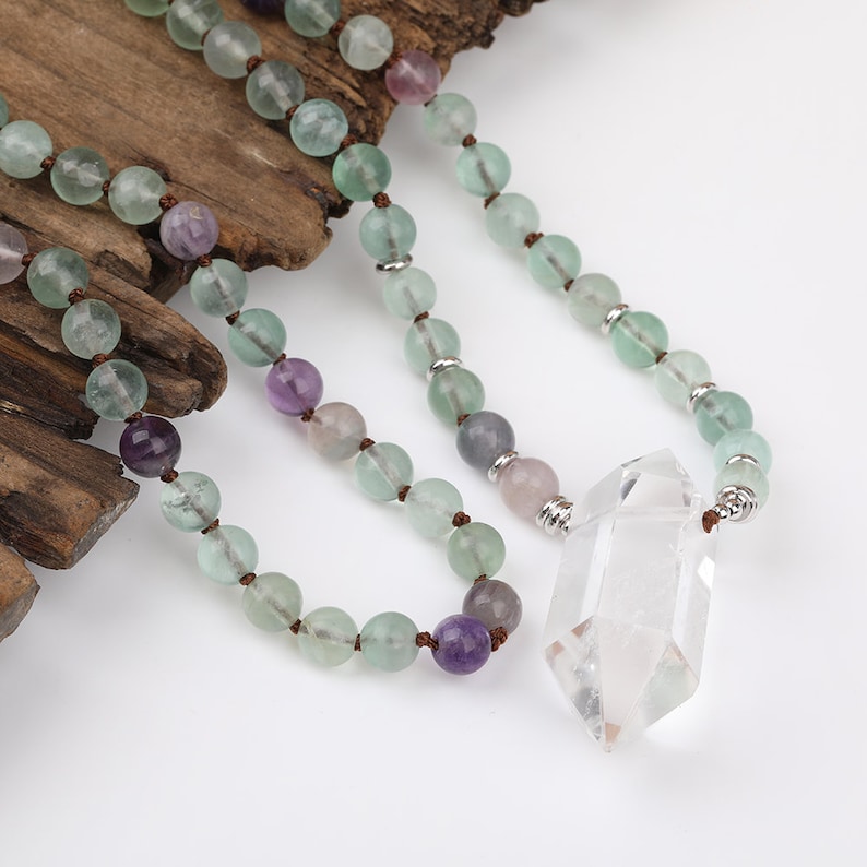 Double Quartz Stick Points Handcrafted Necklace,108 Mala Beads,Yoga Jewelry,Rainbow Fluorite Mala Necklace,Knotted Necklace Wholesale