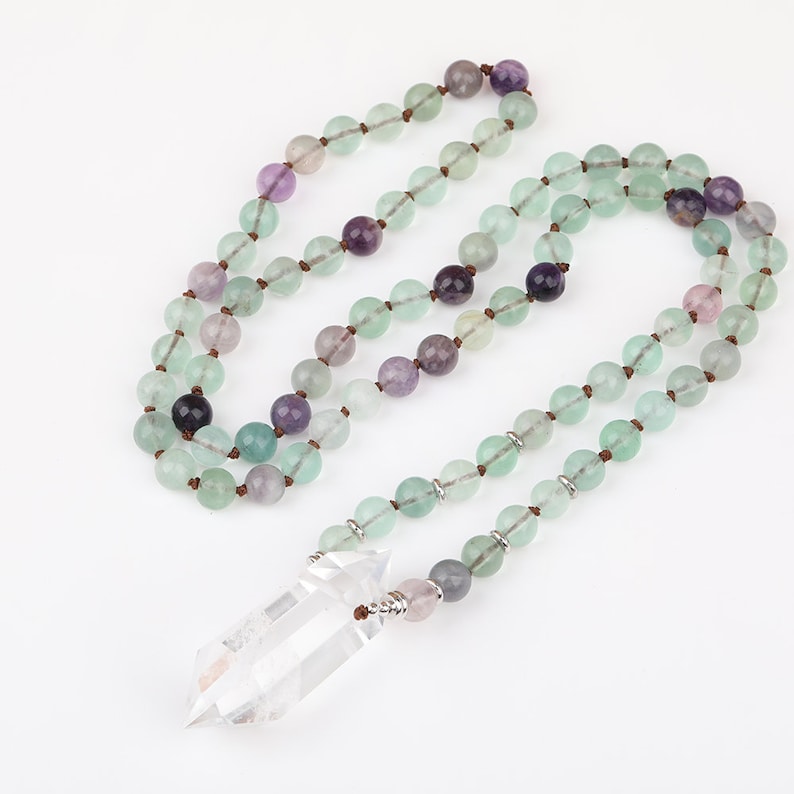 Double Quartz Stick Points Handcrafted Necklace,108 Mala Beads,Yoga Jewelry,Rainbow Fluorite Mala Necklace,Knotted Necklace Wholesale