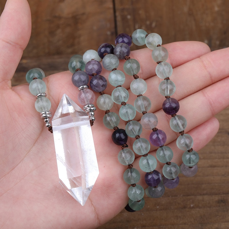 Double Quartz Stick Points Handcrafted Necklace,108 Mala Beads,Yoga Jewelry,Rainbow Fluorite Mala Necklace,Knotted Necklace Wholesale