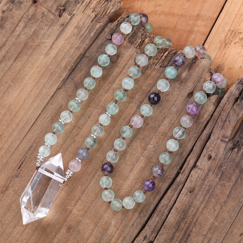 Double Quartz Stick Points Handcrafted Necklace,108 Mala Beads,Yoga Jewelry,Rainbow Fluorite Mala Necklace,Knotted Necklace Wholesale