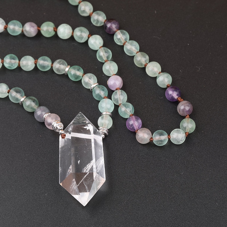 Double Quartz Stick Points Handcrafted Necklace,108 Mala Beads,Yoga Jewelry,Rainbow Fluorite Mala Necklace,Knotted Necklace Wholesale
