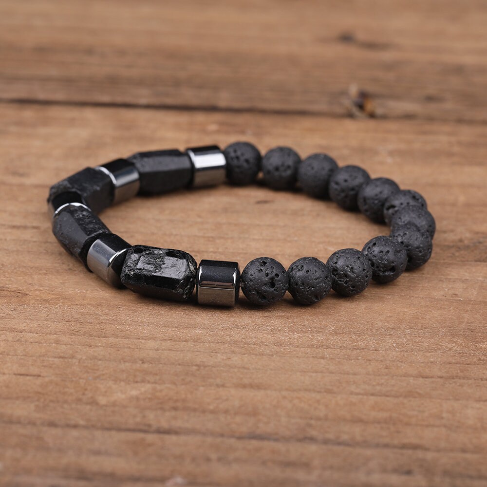 Black Tourmaline Tube Beads Elastic BraceletsRound Lava | Etsy