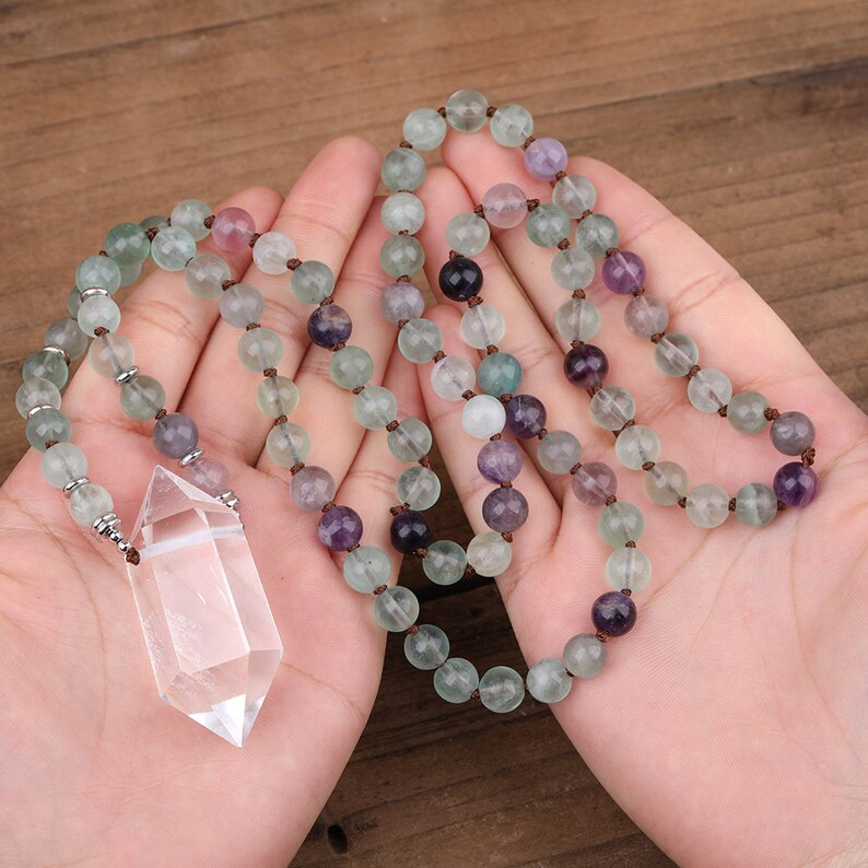 Double Quartz Stick Points Handcrafted Necklace,108 Mala Beads,Yoga Jewelry,Rainbow Fluorite Mala Necklace,Knotted Necklace Wholesale