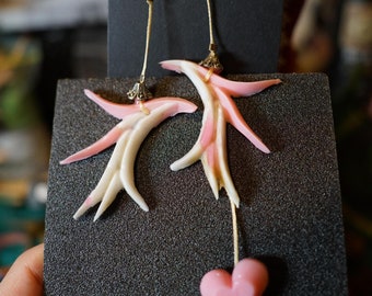 Web Earrings, "Perfect Angel" Colorway, Pink Heart Dangle