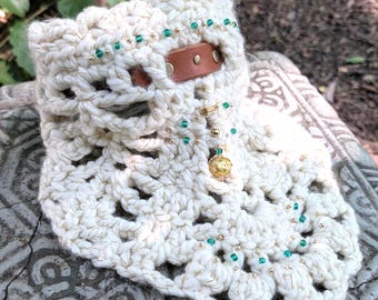 Crocheted Lace Scarflet, "Arcadian" Cream White Green Gold, Leather Strap, Handmade