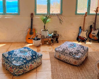 Moroccan Pouf Cover: Square Bohemian Cotton Floor Pillow Case (24x8")