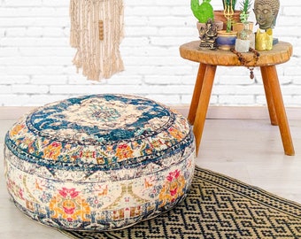 Bohemian Floor Pillow Cover: Round Cotton Pouf Ottoman, Vintage Accent