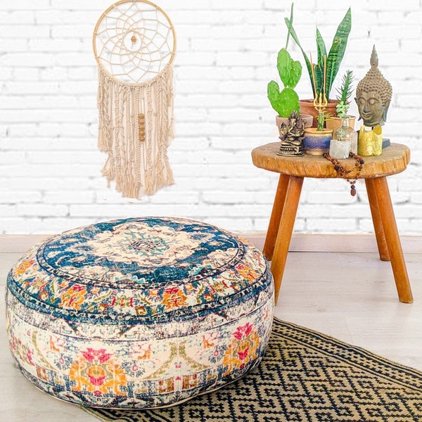 Bohemian Yoga Décor Pouf Ottoman Cover - Large Round Yoga Floor Pillow -  Decorative Vintage Accent Pouffe Cushion