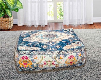 Bohemian Moroccan Pouf Cover: Vintage Cotton Floor Cushion (24x8")