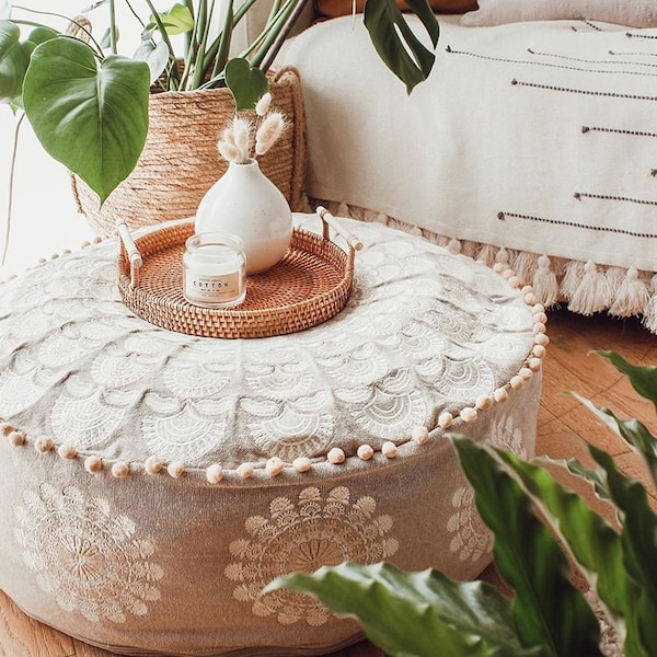 Pouf bohème, housse ottomane, décoration de chambre, pouf pour la méditation et le yoga, meubles bohèmes chics, coussin pour le coin salon