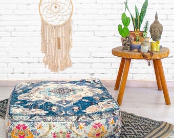 Boho Chic Floor Cushion Cover: Blue Moroccan Cotton Pouf (24x24x8")