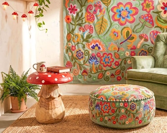 Magic Mushroom Velvet Pouf Cover - Embroidered Floral Round Ottoman, Boho Home Decor